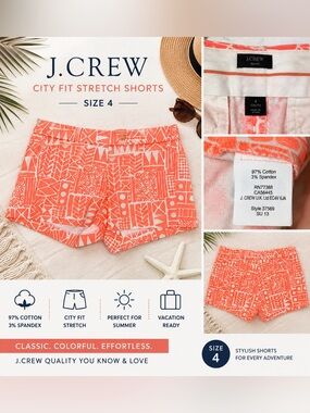 J.Crew City Fit Stretch Shorts Size 4 Coral White Geometric Print